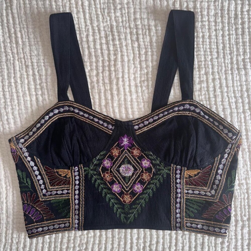 Free People Datura Corset Cropped Tank Top Embroidered Black Boho Cleopatra
